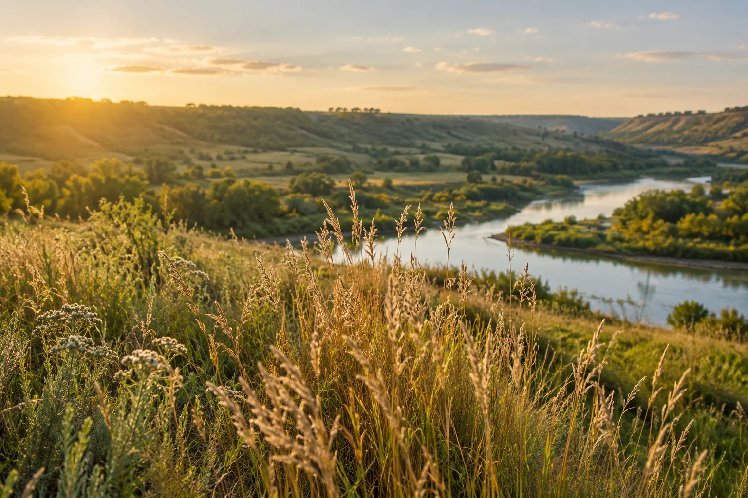 Golden grasses and a quiet riverbank in warm autumn light